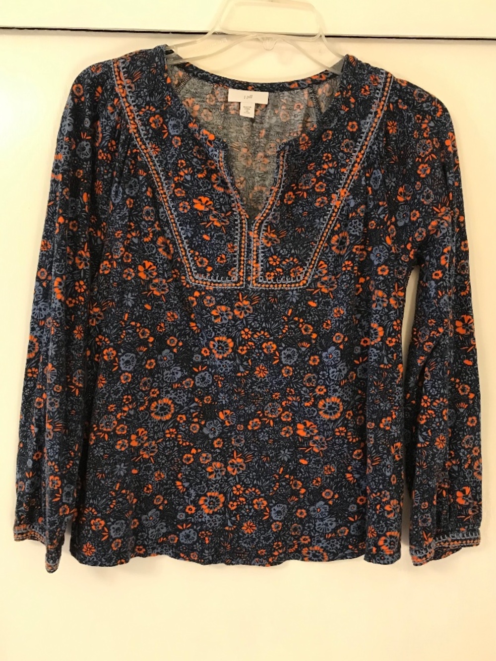 J Jill Embroidered Trim Printed Top